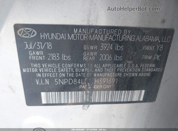 5NPD84LF2JH391691 2018 HYUNDAI ELANTRA Silver Շարժիչի բաժամունքի տեսք