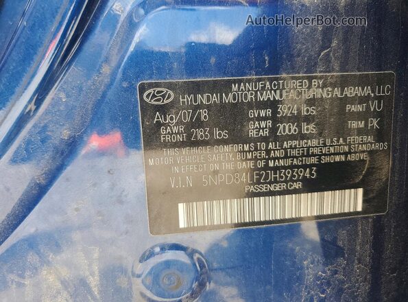 5NPD84LF2JH393943 2018 HYUNDAI ELANTRA Blue Вид підкапотного простору