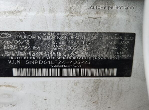 5NPD84LF2KH403923 2019 HYUNDAI ELANTRA Белый Вид наклейки с VIN-кодом