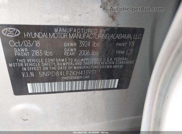 5NPD84LF2KH413951 2019 HYUNDAI ELANTRA Silver Widok komory silnika
