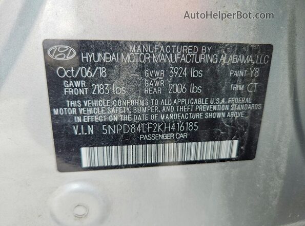 5NPD84LF2KH416185 2019 HYUNDAI ELANTRA Silver Вид наклейки з VIN-кодом