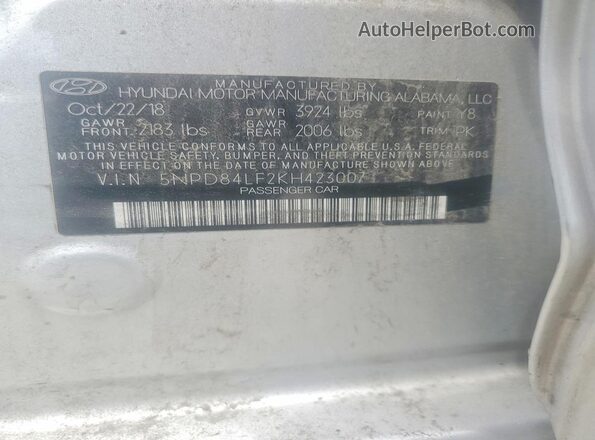 5NPD84LF2KH423007 2019 HYUNDAI ELANTRA Silver Engine compartment view
