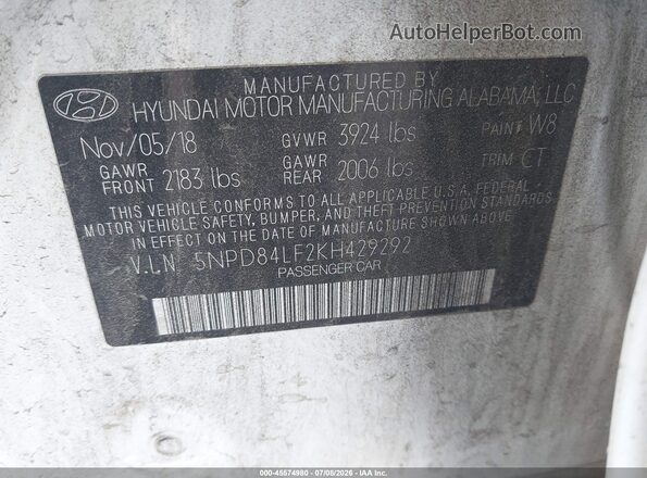 5NPD84LF2KH429292 2019 HYUNDAI ELANTRA White ძრავის განყოფილების ხედი