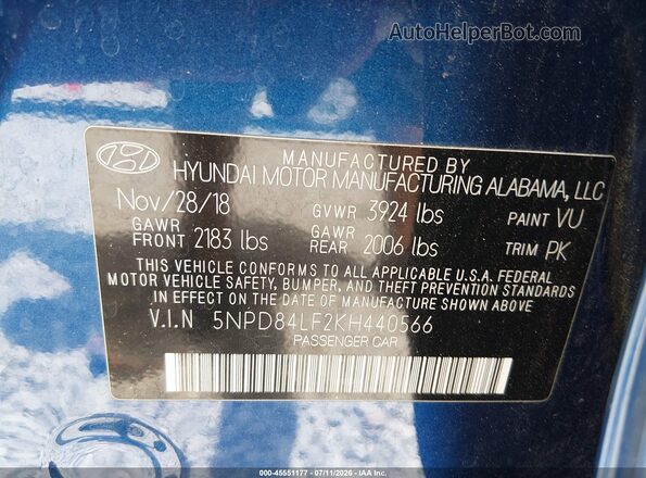 5NPD84LF2KH440566 2019 HYUNDAI ELANTRA Blue Vista del compartimento del motor