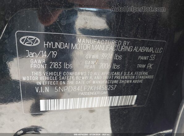 5NPD84LF2KH458257 2019 HYUNDAI ELANTRA Black Vista del compartimento del motor