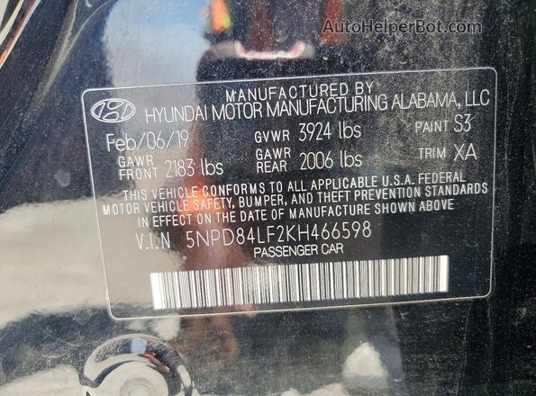 5NPD84LF2KH466598 2019 HYUNDAI ELANTRA Black VIN კოდის სტიკერის ხედი