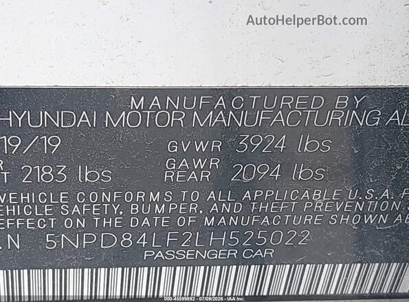 5NPD84LF2LH525022 2020 HYUNDAI ELANTRA White Vista del compartimento del motor
