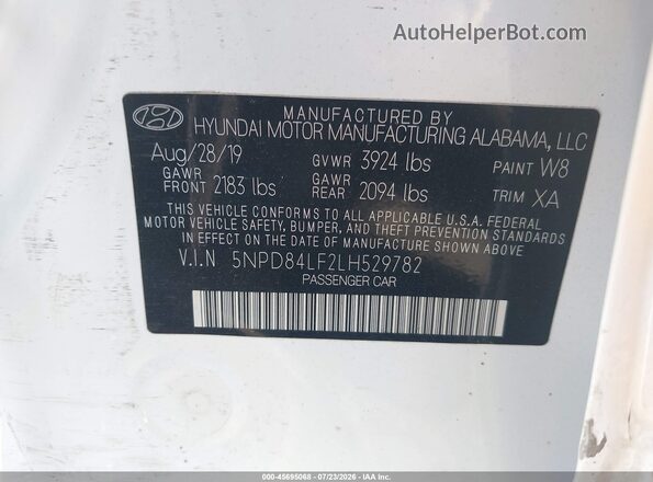 5NPD84LF2LH529782 2020 HYUNDAI ELANTRA White Vista del compartimento del motor