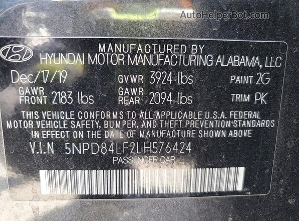 5NPD84LF2LH576424 2020 HYUNDAI ELANTRA Gray Vista de la etiqueta del VIN