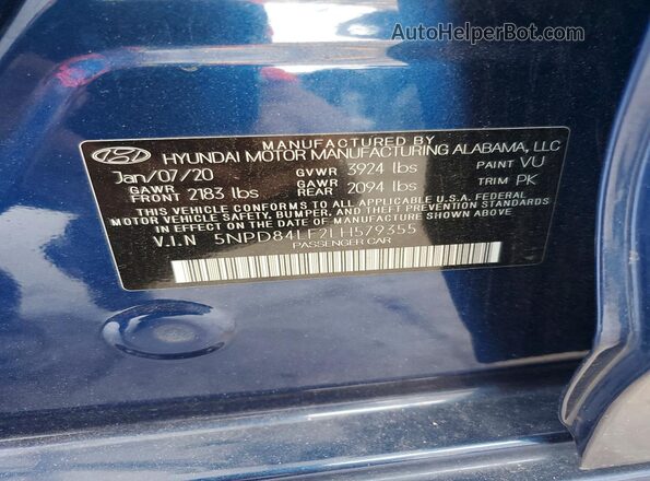 5NPD84LF2LH579355 2020 HYUNDAI ELANTRA Blue Շարժիչի բաժամունքի տեսք