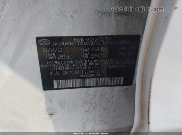5NPD84LF2LH610040 2020 HYUNDAI ELANTRA Белый Вид подкапотного пространства