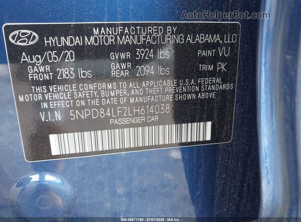 5NPD84LF2LH614038 2020 HYUNDAI ELANTRA Blue Вид підкапотного простору