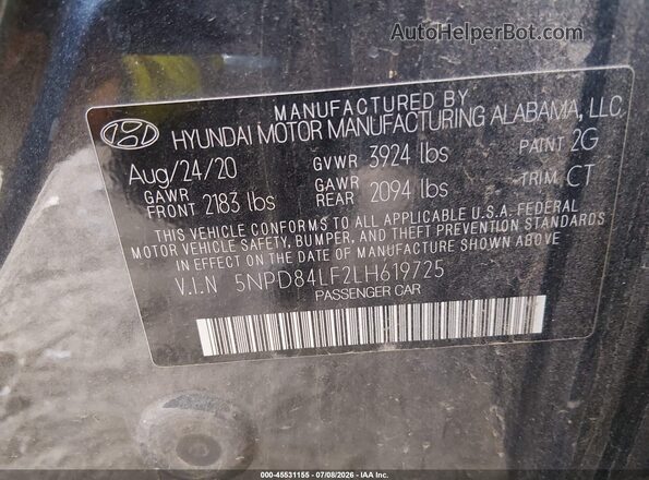 5NPD84LF2LH619725 2020 HYUNDAI ELANTRA Gray Vista del compartimento del motor