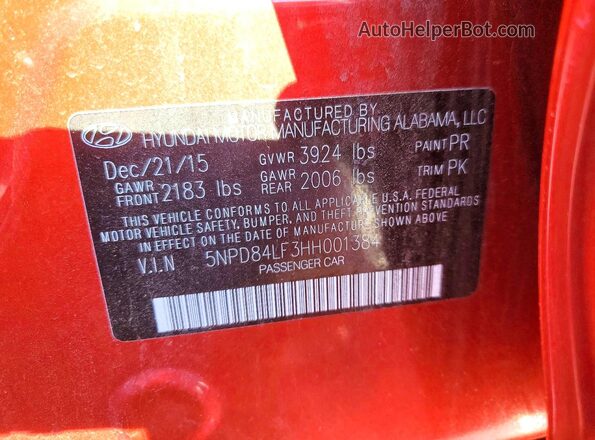 5NPD84LF3HH001384 2017 HYUNDAI ELANTRA Red Widok komory silnika