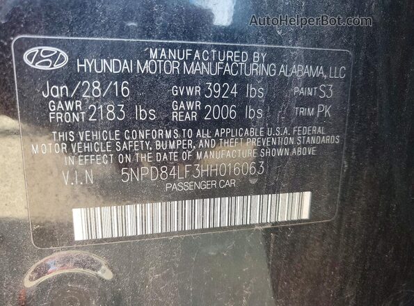 5NPD84LF3HH016063 2017 HYUNDAI ELANTRA Black VIN კოდის სტიკერის ხედი