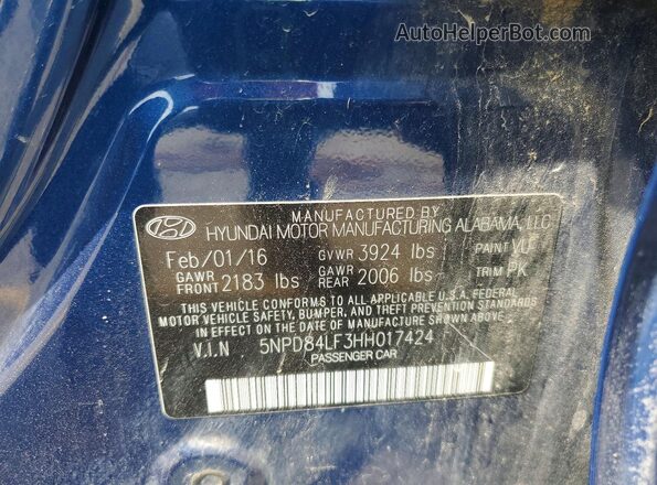 5NPD84LF3HH017424 2017 HYUNDAI ELANTRA Blue ძრავის განყოფილების ხედი