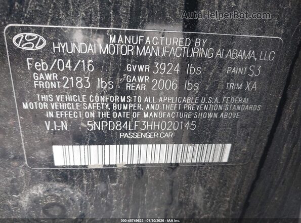 5NPD84LF3HH020145 2017 HYUNDAI ELANTRA Черный Вид подкапотного пространства