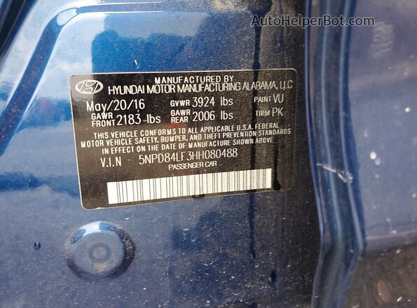 5NPD84LF3HH080488 2017 HYUNDAI ELANTRA Blue Vista de la etiqueta del VIN