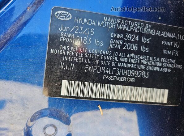 5NPD84LF3HH099283 2017 HYUNDAI ELANTRA Blue Շարժիչի բաժամունքի տեսք