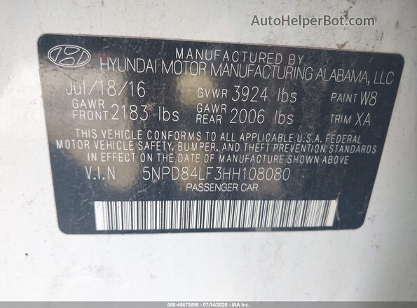 5NPD84LF3HH108080 2017 HYUNDAI ELANTRA White Engine compartment view