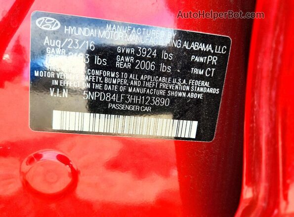 5NPD84LF3HH123890 2017 HYUNDAI ELANTRA Red ძრავის განყოფილების ხედი