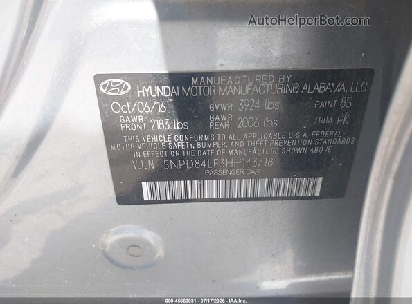 5NPD84LF3HH143718 2017 HYUNDAI ELANTRA Серый Вид подкапотного пространства