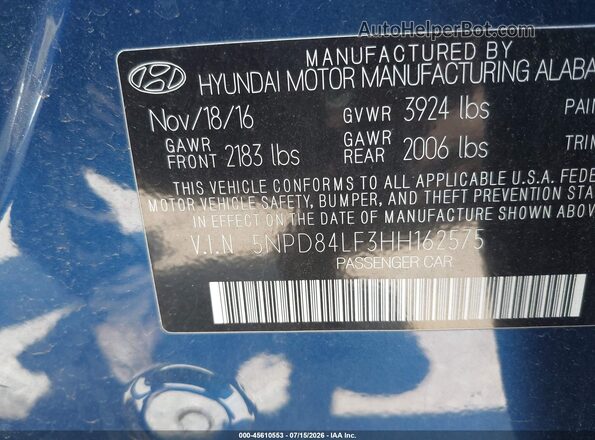 5NPD84LF3HH162575 2017 HYUNDAI ELANTRA Blue Widok komory silnika
