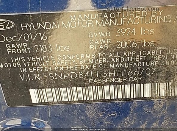 5NPD84LF3HH166707 2017 HYUNDAI ELANTRA Blue Engine compartment view