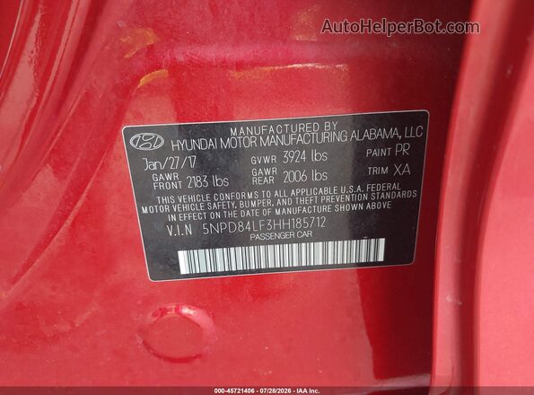5NPD84LF3HH185712 2017 HYUNDAI ELANTRA Red Engine compartment view