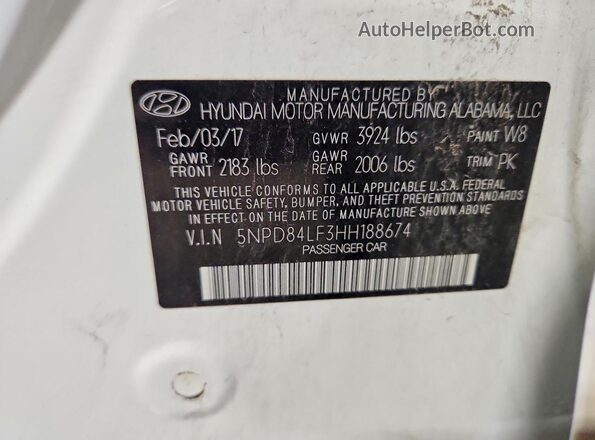5NPD84LF3HH188674 2017 HYUNDAI ELANTRA White Engine compartment view