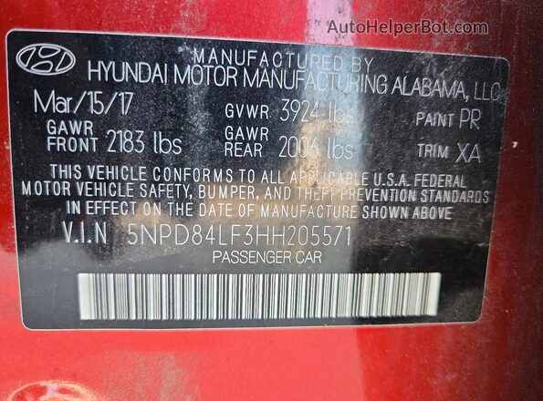 5NPD84LF3HH205571 2017 HYUNDAI ELANTRA Красный Вид подкапотного пространства