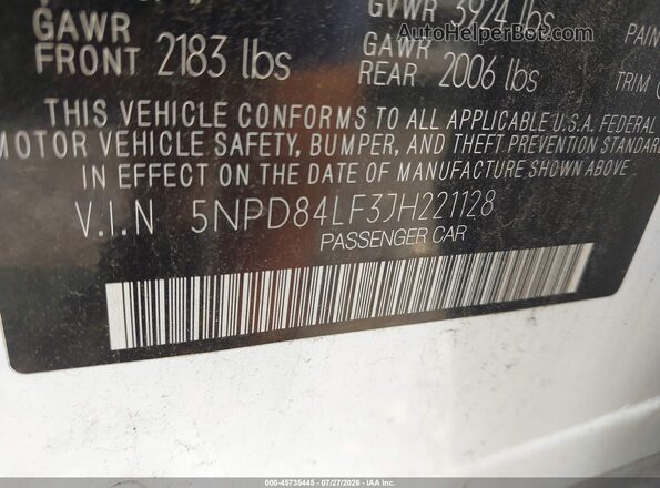 5NPD84LF3JH221128 2018 HYUNDAI ELANTRA White ძრავის განყოფილების ხედი