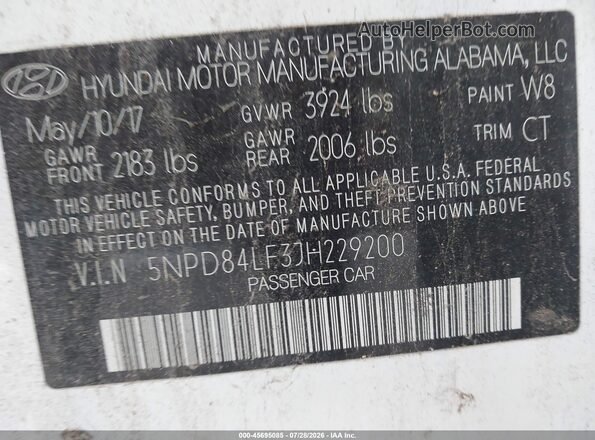 5NPD84LF3JH229200 2018 HYUNDAI ELANTRA White ძრავის განყოფილების ხედი