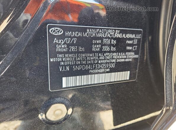 5NPD84LF3JH259300 2018 HYUNDAI ELANTRA Black VIN sticker view
