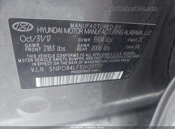 5NPD84LF3JH291177 2018 HYUNDAI ELANTRA Gray Vista del compartimento del motor