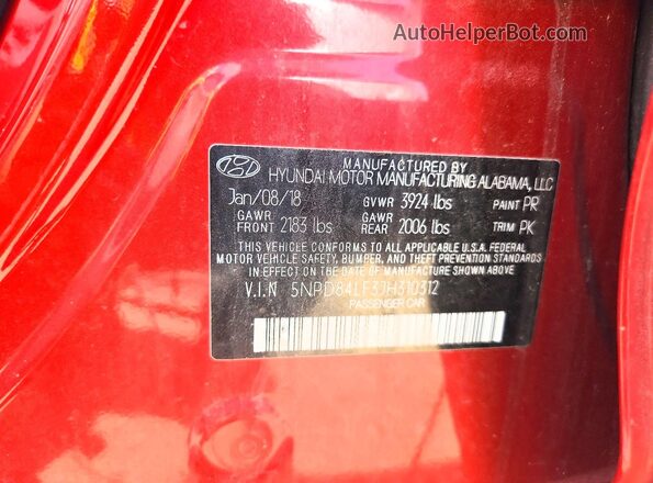 5NPD84LF3JH310312 2018 HYUNDAI ELANTRA Red ძრავის განყოფილების ხედი
