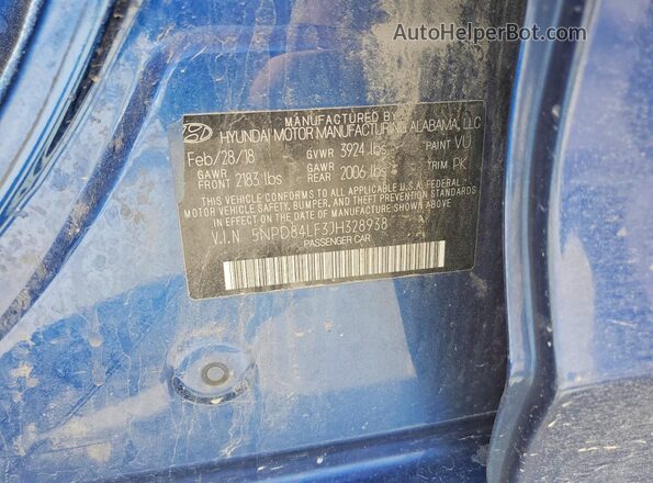 5NPD84LF3JH328938 2018 HYUNDAI ELANTRA Blue Vista del compartimento del motor