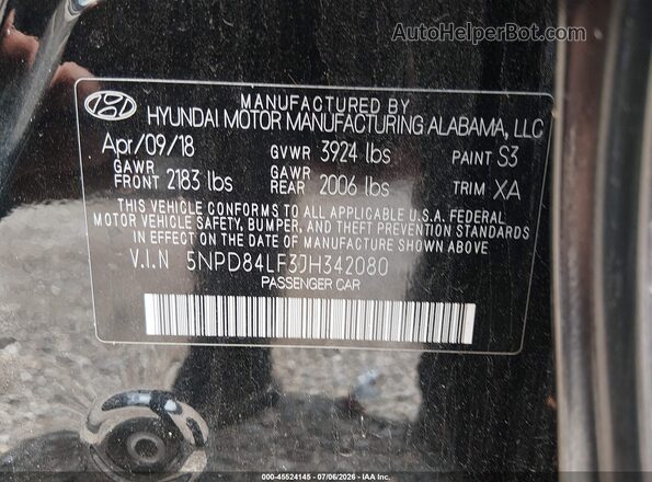 5NPD84LF3JH342080 2018 HYUNDAI ELANTRA Black Вид підкапотного простору