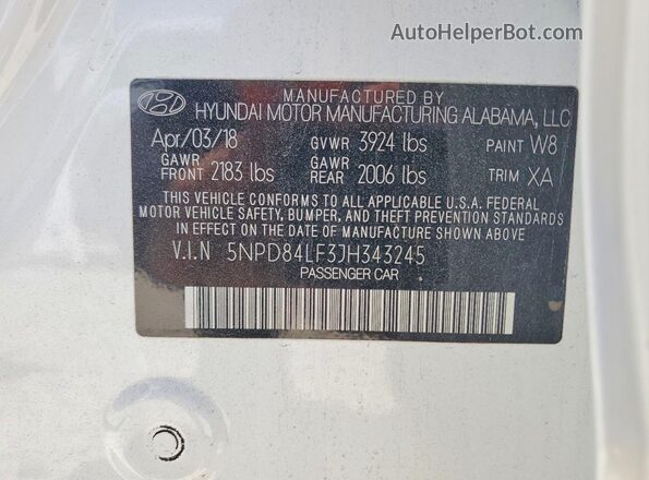 5NPD84LF3JH343245 2018 HYUNDAI ELANTRA White VIN კოდის სტიკერის ხედი