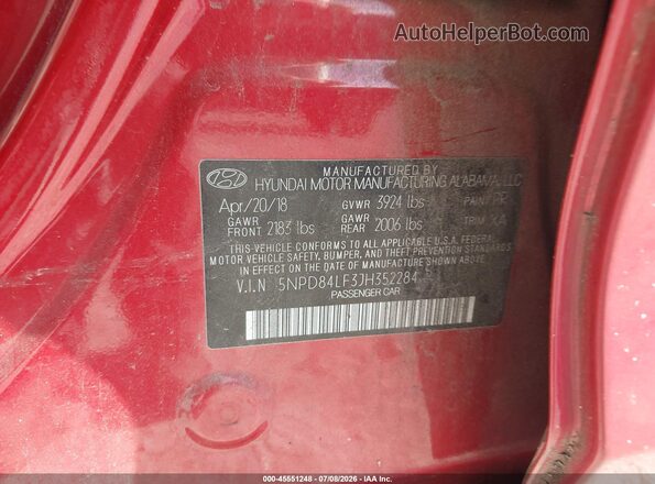 5NPD84LF3JH352284 2018 HYUNDAI ELANTRA Red Շարժիչի բաժամունքի տեսք