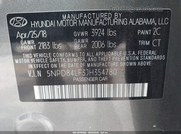 5NPD84LF3JH354780 2018 HYUNDAI ELANTRA Gray Engine compartment view