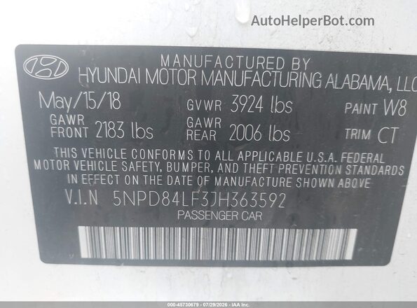 5NPD84LF3JH363592 2018 HYUNDAI ELANTRA White Շարժիչի բաժամունքի տեսք