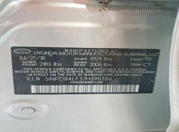 5NPD84LF3JH390386 2018 HYUNDAI ELANTRA Silver Vista de la etiqueta del VIN