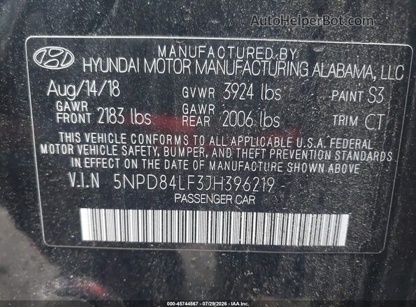 5NPD84LF3JH396219 2018 HYUNDAI ELANTRA Black Вид підкапотного простору