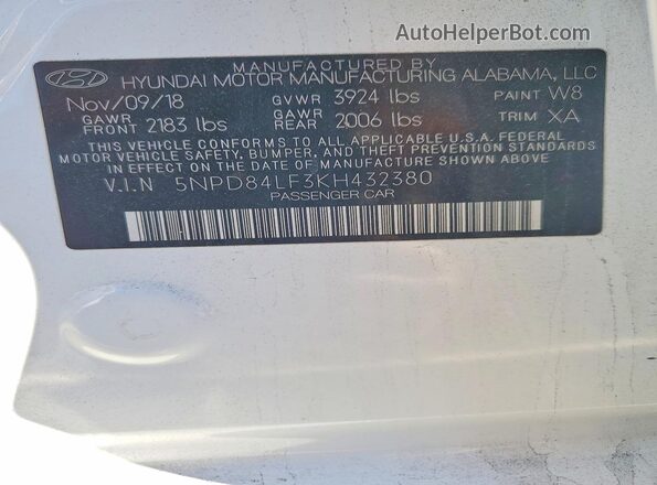 5NPD84LF3KH432380 2019 HYUNDAI ELANTRA White Вид підкапотного простору
