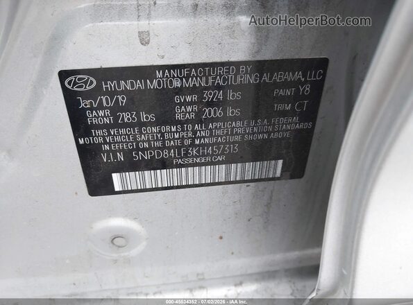 5NPD84LF3KH457313 2019 HYUNDAI ELANTRA Silver Widok komory silnika