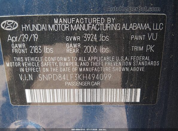 5NPD84LF3KH494099 2019 HYUNDAI ELANTRA Blue ძრავის განყოფილების ხედი