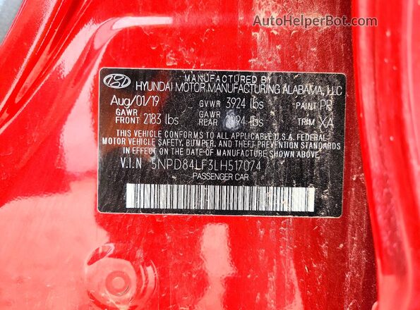 5NPD84LF3LH517074 2020 HYUNDAI ELANTRA Красный Вид подкапотного пространства