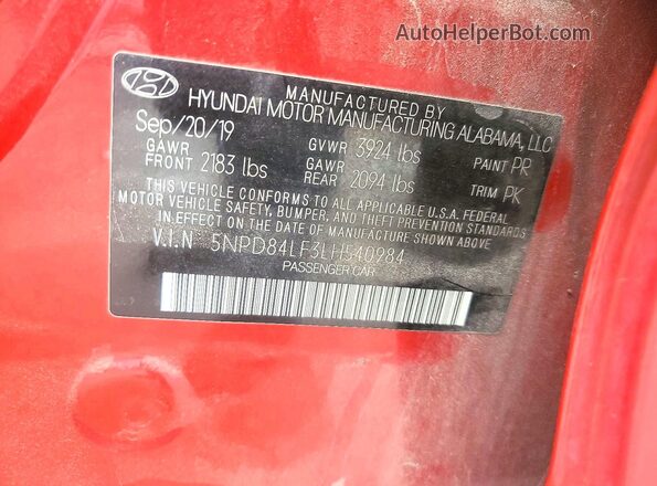 5NPD84LF3LH540984 2020 HYUNDAI ELANTRA Red ძრავის განყოფილების ხედი
