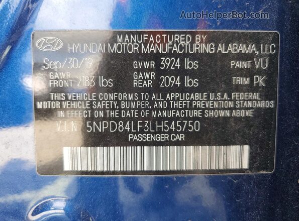 5NPD84LF3LH545750 2020 HYUNDAI ELANTRA Blue Widok naklejki z numerem VIN